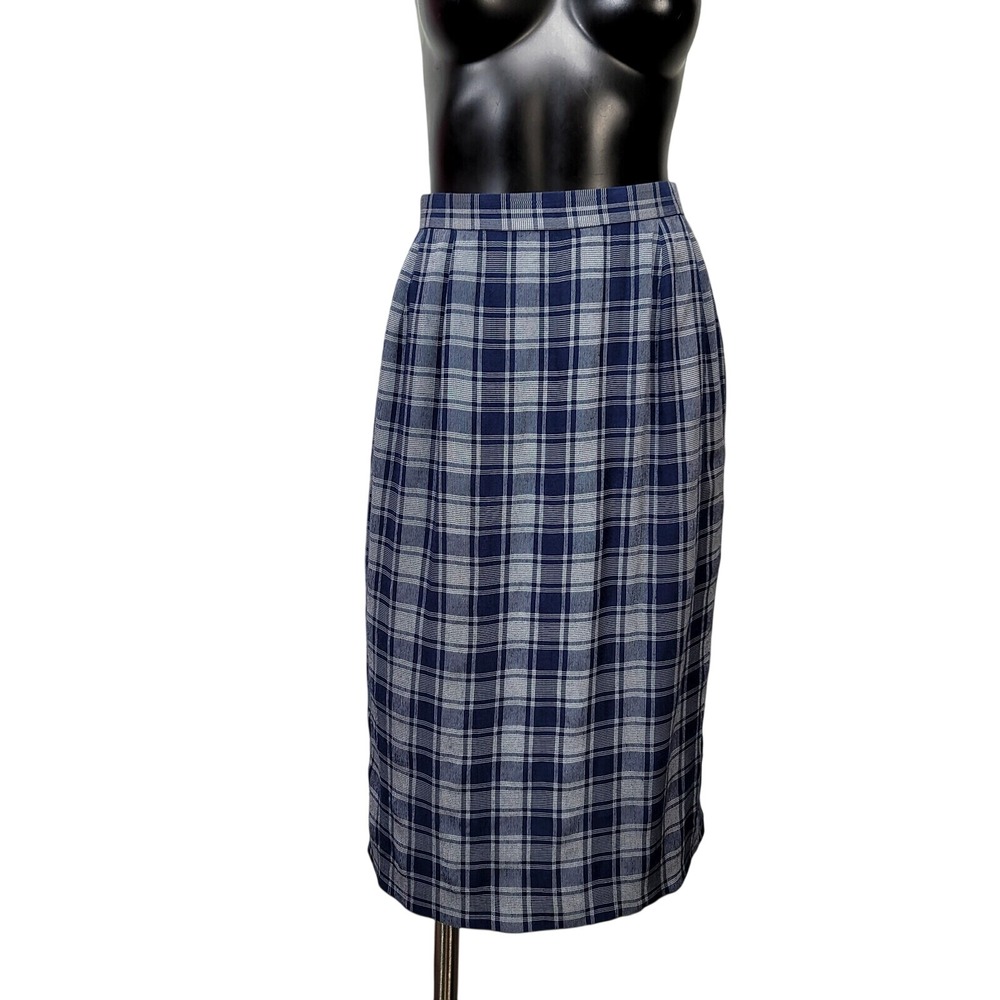 Florefina by Sanyo Blue Grey Plaid High Waisted Midi Pencil Skirt Pleated Front